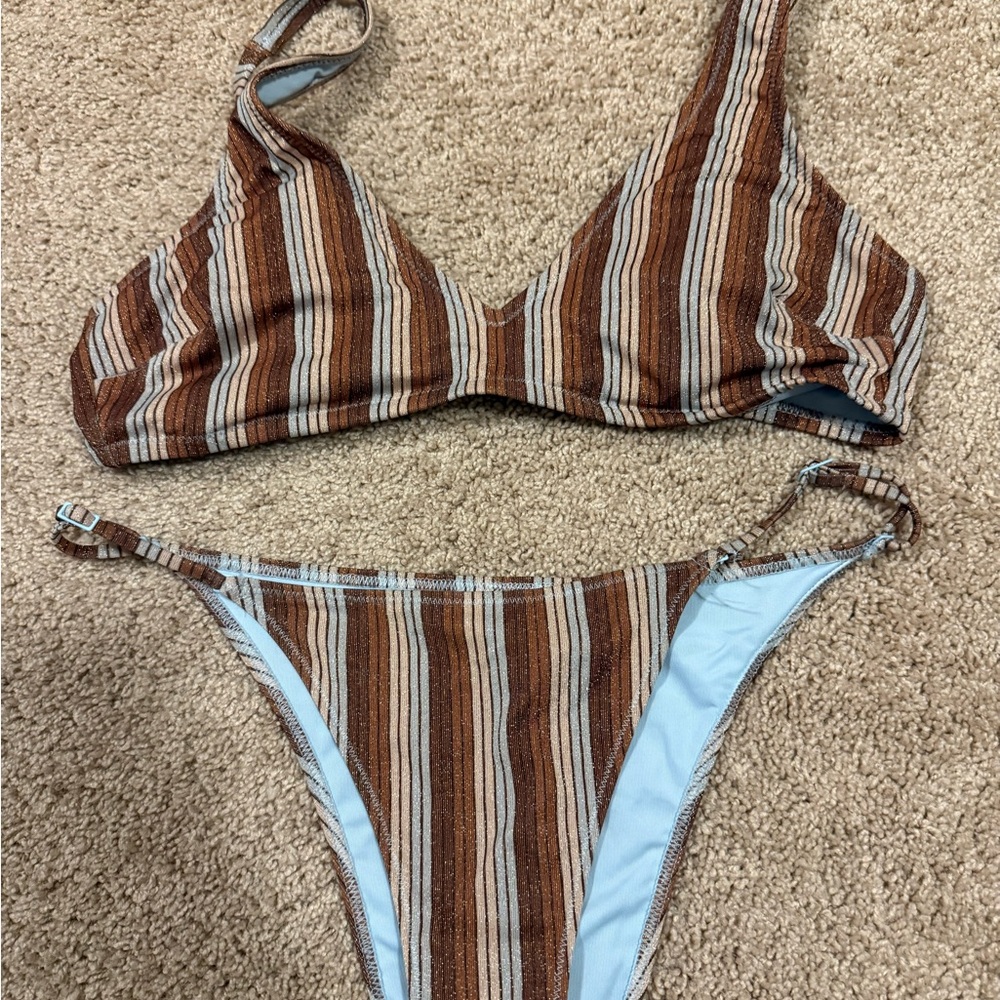 aerie Brown and Cream Striped Ribbed Bikini Set